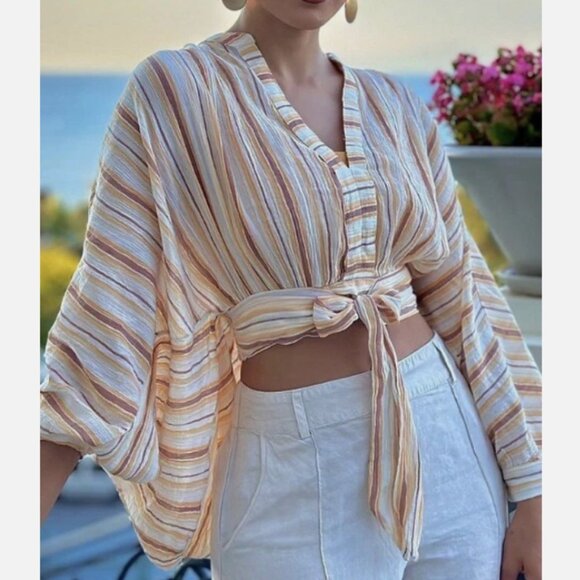 Anthropologie Yellow & Brown Striped Batwing Sleeve Tie-Front Blouse Size S - Picture 1 of 1